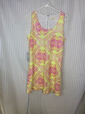 Miami Dress Womens Medium Neon Yellow Pink Sequin Mini Dress Sleeveless